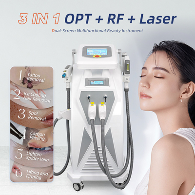 Pantallas dobles 3 en 1 RF multifuncional de levantamiento de cara Nd Yag Laser de eliminación de tatuajes OPT IPL máquina de depilación